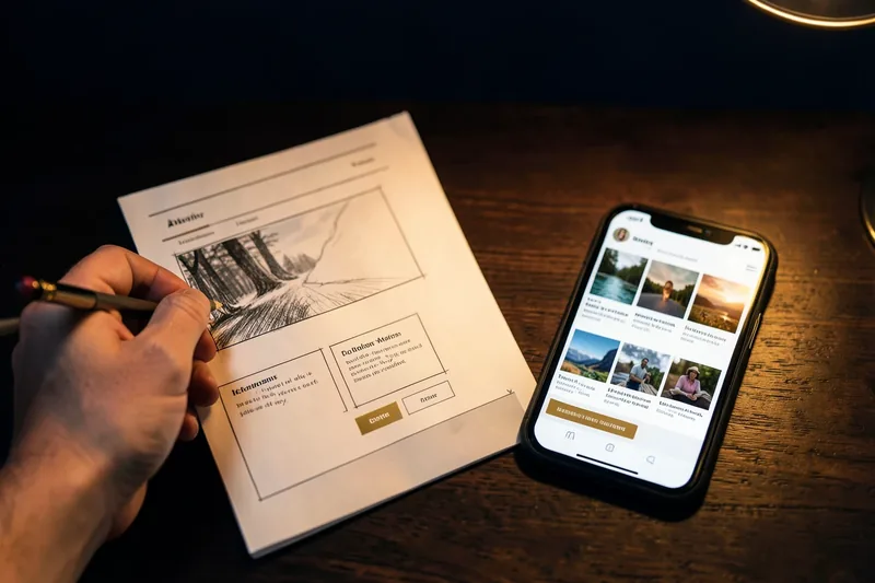 Hand sketching a website layout in pencil beside a phone showing the finished site